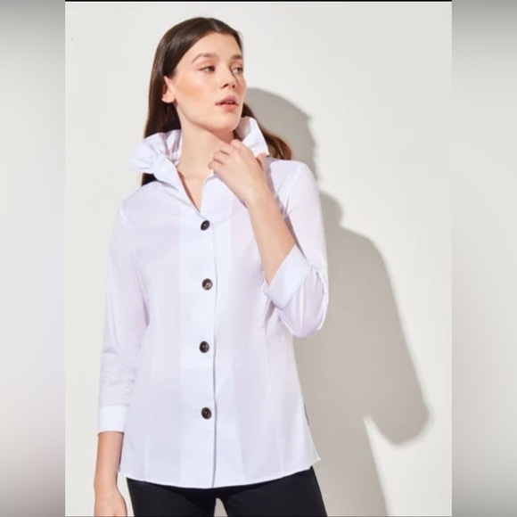 MING WANG $215 NWOT  M Cotton Ruffle Collar Button Front Blouse Jacket White - Picture 1 of 7